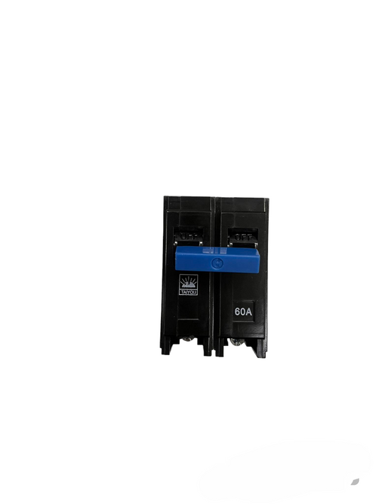 Taiyou 60A 2 Pole Circuit Breaker Plug-in with black body and blue switch for electrical safety