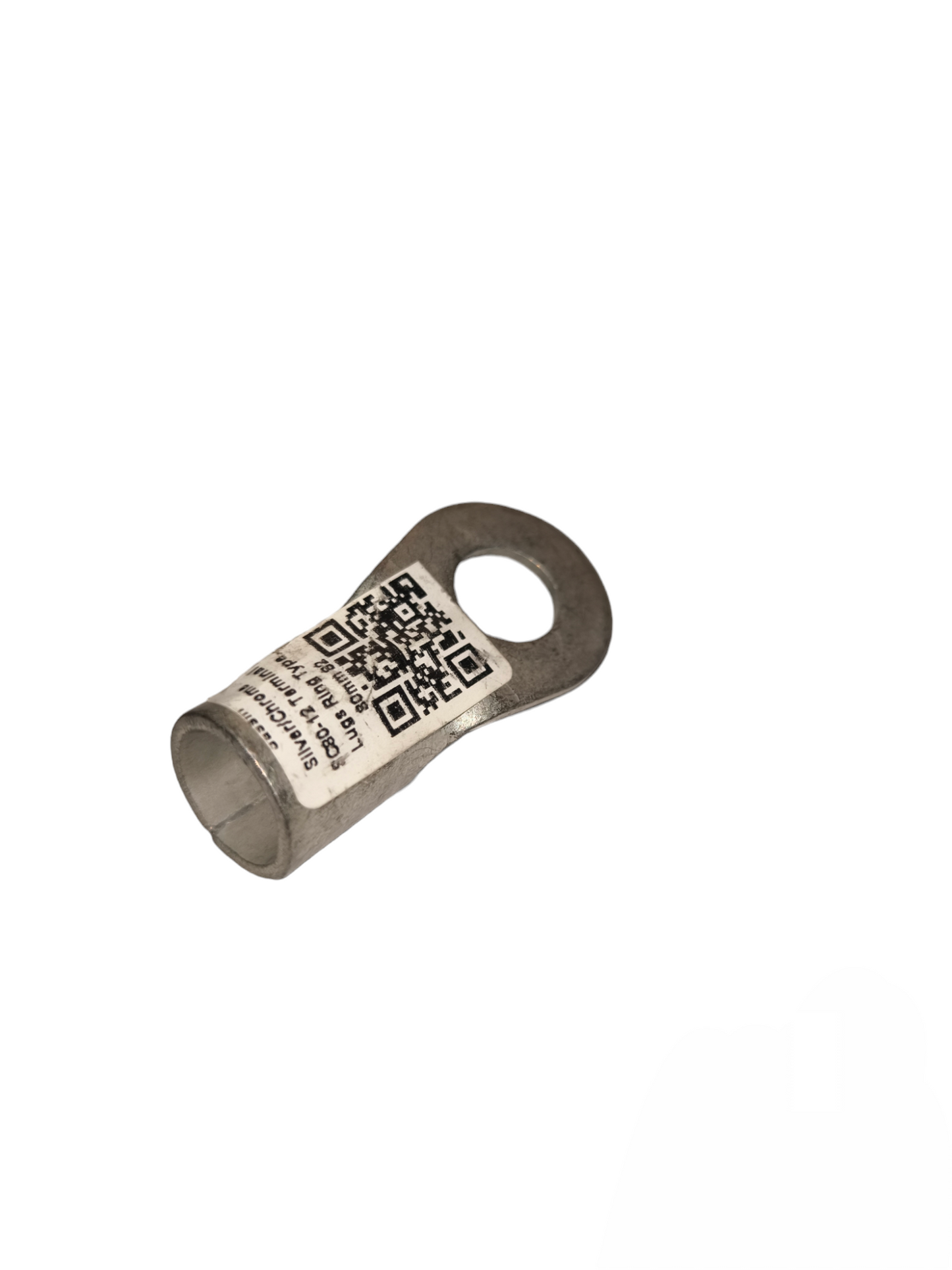 Electx Electrical Supply 80mm crimp terminal lug with QR code label on white background