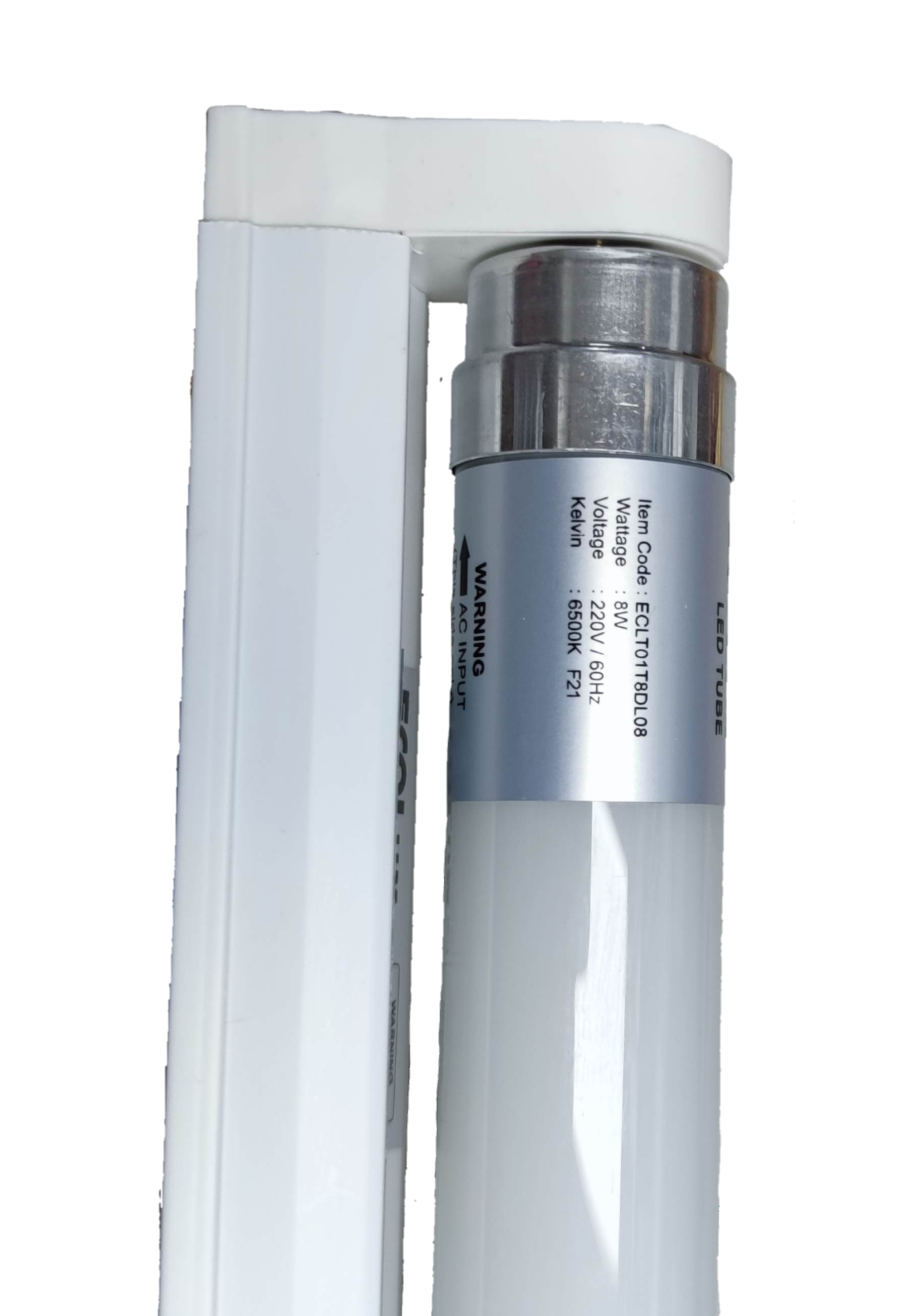 Ecolum 8W LED T8 fluorescent lamp with white casing and metal end cap for energy-efficient lighting