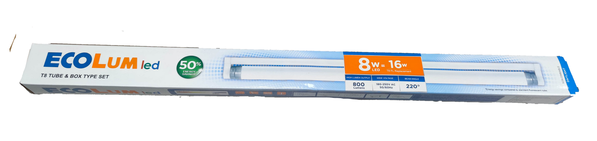 Ecolum 8W LED T8 fluorescent lamp in packaging for energy-efficient lighting solutions