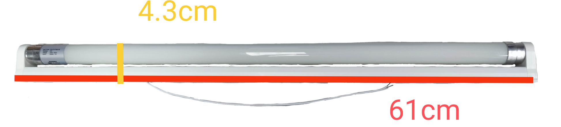 Ecolum 8W LED T8 fluorescent lamp tube measuring 61cm length and 4.3cm diameter