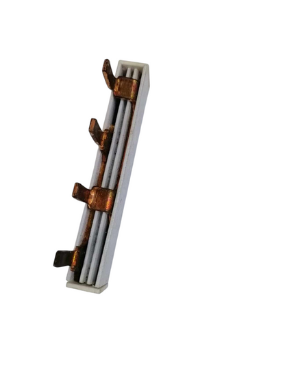 Bus bar for miniature circuit breaker with copper connectors and white insulating base for electrical circuitry