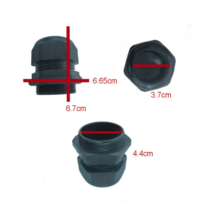 Grippes black Cable Gland M50 30-32mm showing measurements from multiple angles for cable management