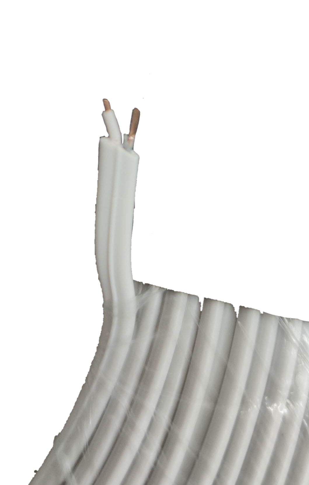 Extension Wire 2 Wire White Color AWG 26 with exposed copper ends coiled against black background
