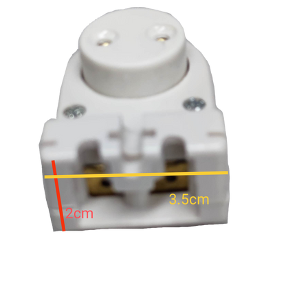 Kopez fluorescent tube holder spring type in white plastic with metal contacts and measurement markings