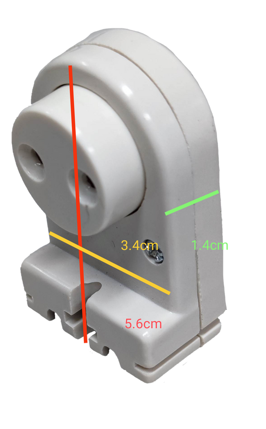 Kopez fluorescent tube holder spring type in white plastic with measurements for lighting installation