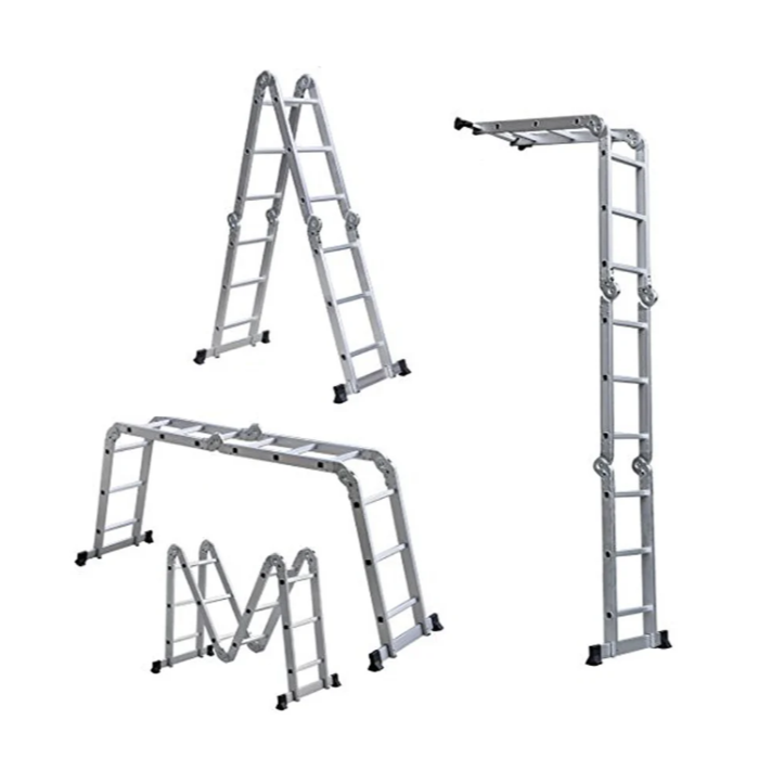 Butterfly foldable multi-purpose ladder 4x4 shown in A frame extension scaffold and compact folded positions