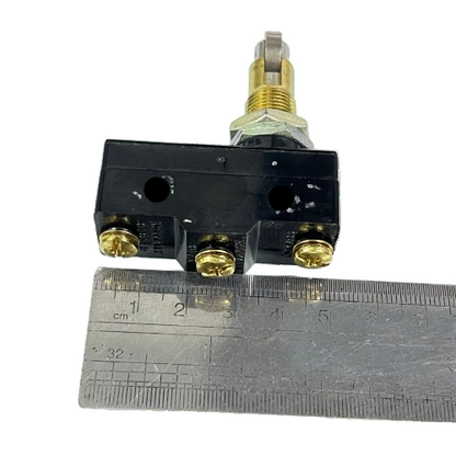Limit Switch 15A 250VAC TM1309 Tend black plastic limit switch with three brass terminals and metal plunger