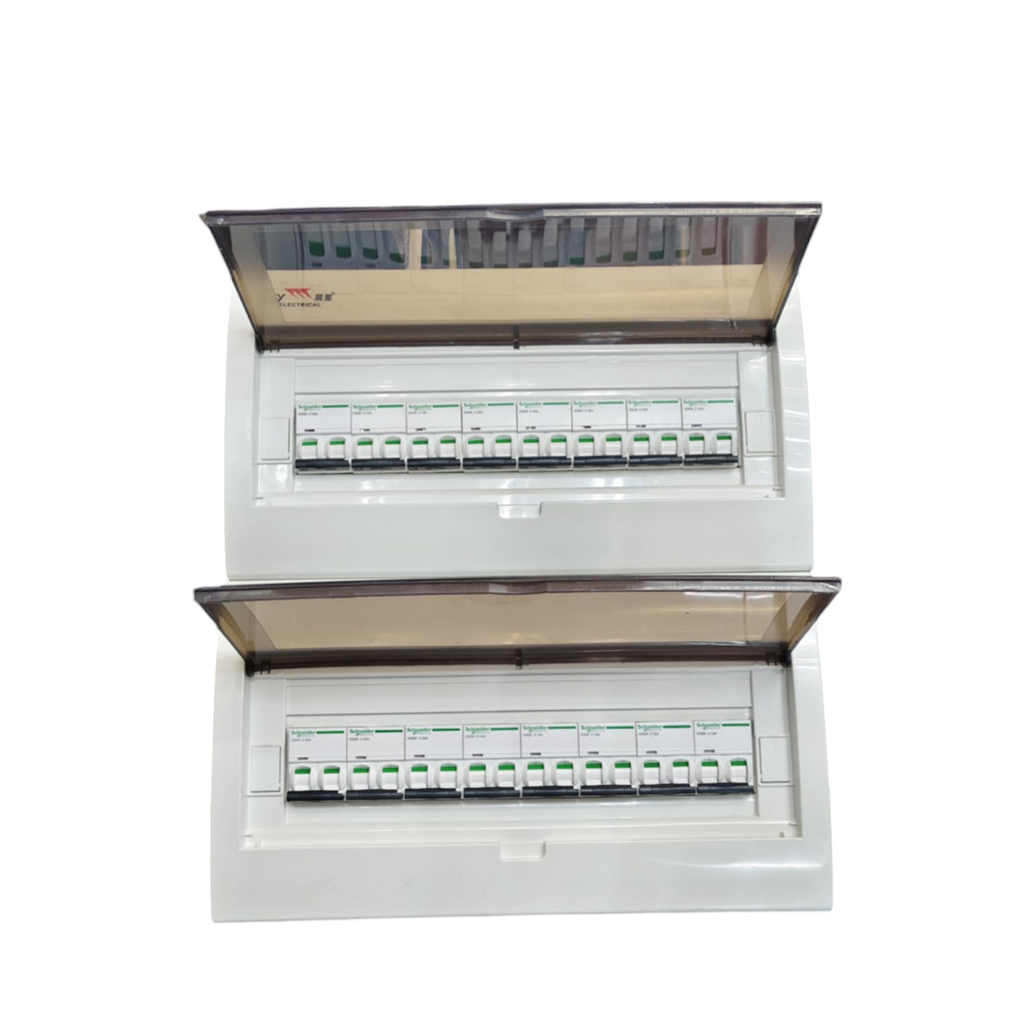 Schneider and ZY Panel Board 50A 2 Pole Main Miniature with multiple circuit breakers and transparent cover