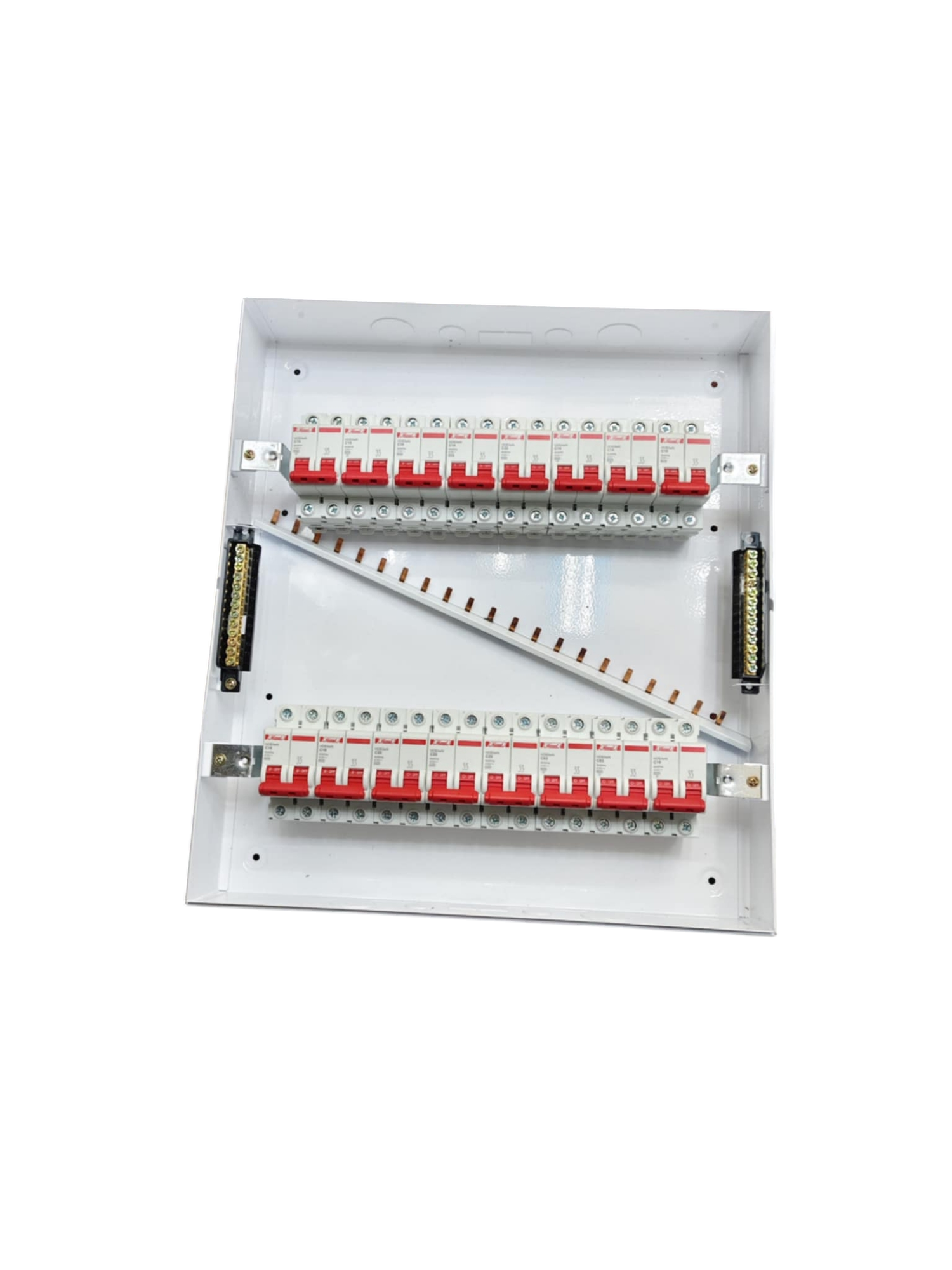 Panel Board 50A 2 Pole Main Miniature electrical circuitry part with multiple circuit breakers inside white enclosure