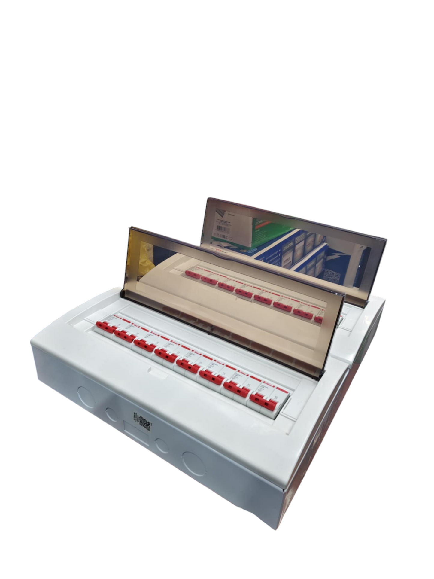 Himel and ZY Panel Board 50A 2 Pole Main Miniature with multiple red switches in white casing