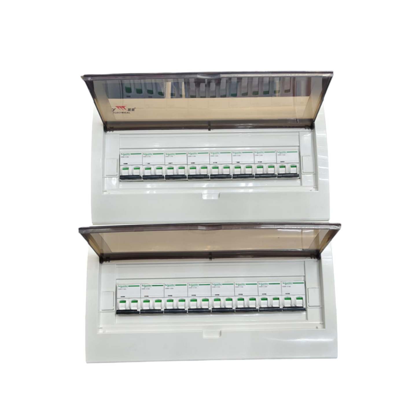 Schneider and ZY Panel Board 63A 2 Pole Main Miniature with multiple circuit breakers and transparent covers