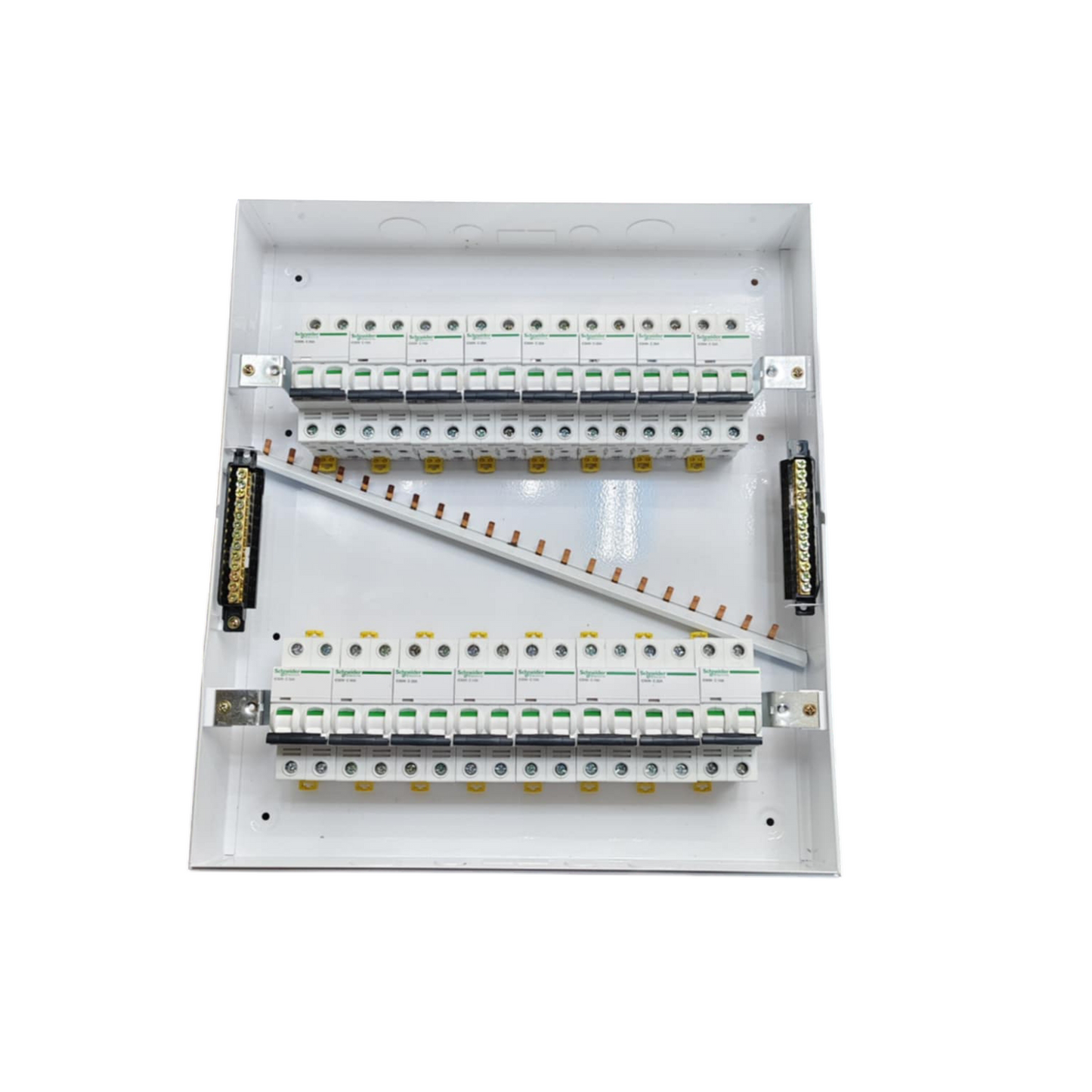 Schneider and ZY Panel Board 63A 2 Pole Main Miniature electrical circuitry with multiple breakers