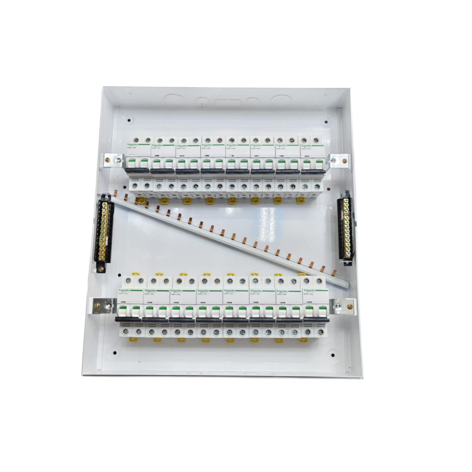 Schneider and ZY Panel Board 63A 2 Pole Main Miniature electrical circuitry with multiple breakers