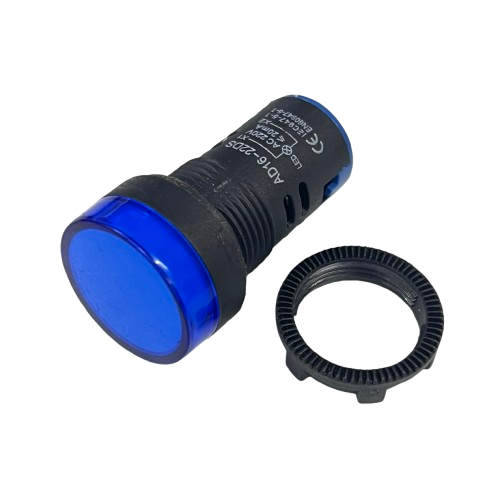 Denko Pilot Light 220v BLUE 22mm panel indicator with blue lens and mounting ring for control panels