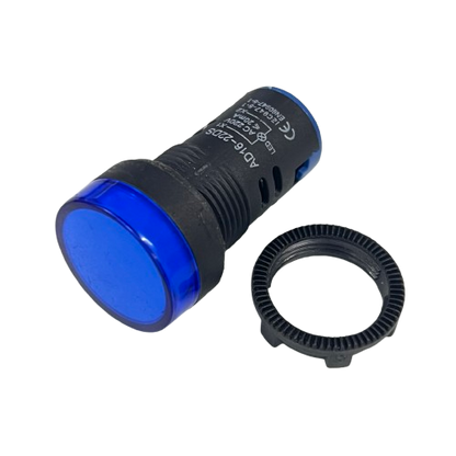 Denko Pilot Light 220v BLUE 22mm panel indicator with blue lens and mounting ring for control panels