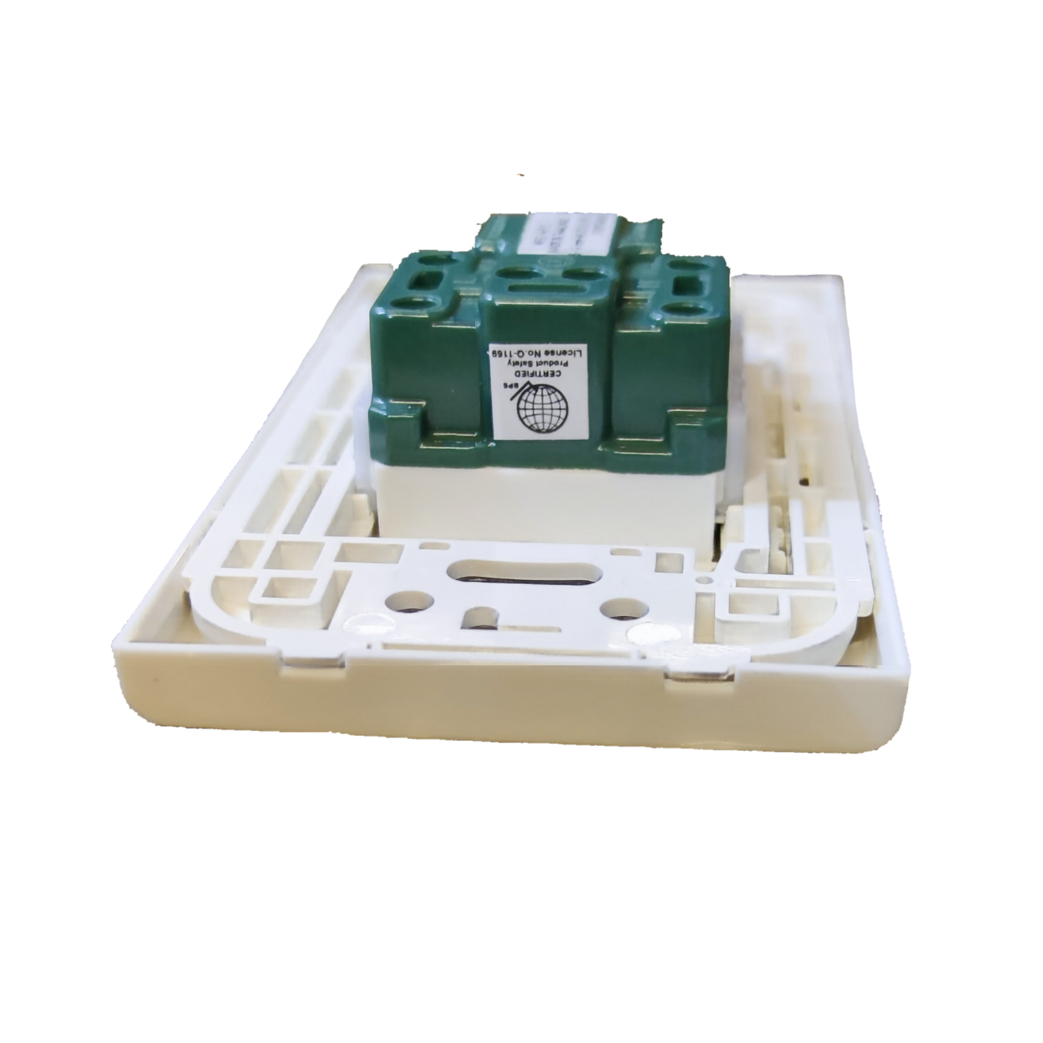 Panasonic Quick Connect Tandem Outlet 1 Gang 20A rear view green module on white wall plate