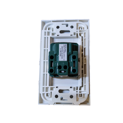 Panasonic Quick Connect Tandem Outlet 1 Gang 20A green outlet module installed in white wall plate frame