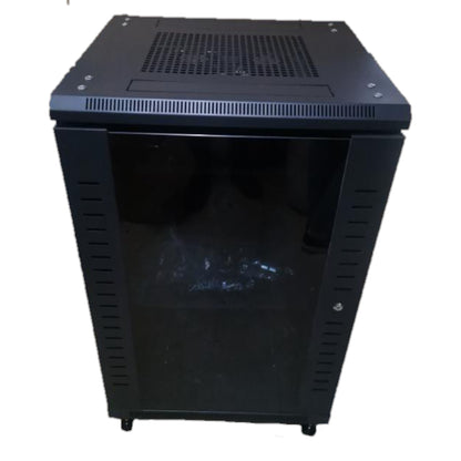 Black network cabinet on a white background Data Cabinet 18U Server Rack Network Cabinet with Glass Door 90cm x 60cm x 60cm