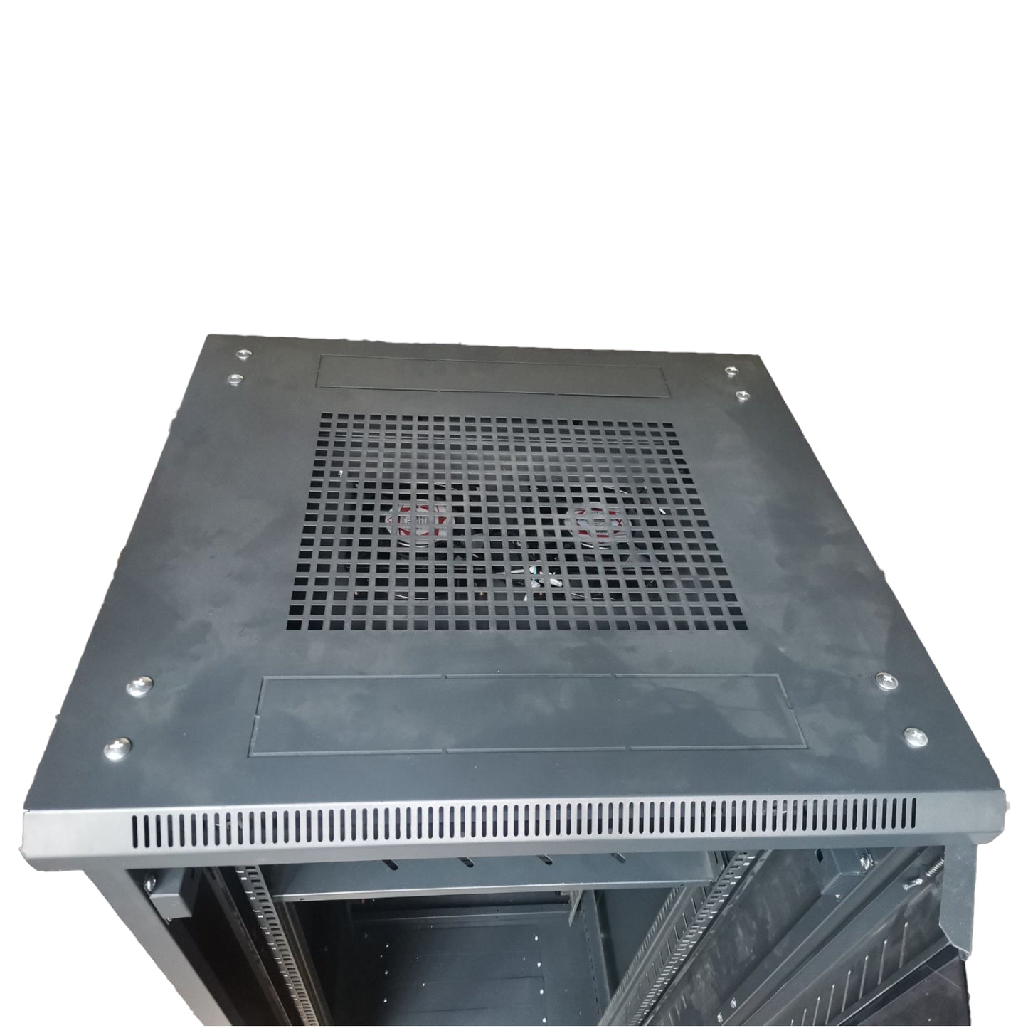 Metal server rack with perforated top panel on a white background Data Cabinet 18U Server Rack Network Cabinet with Glass Door 90cm x 60cm x 60cm