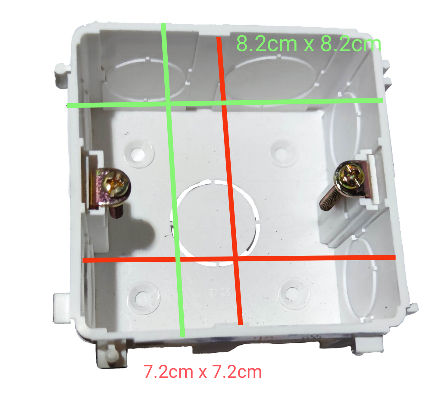 Bull brand white Square Flush Type Utility Box with internal screws and dimension markings