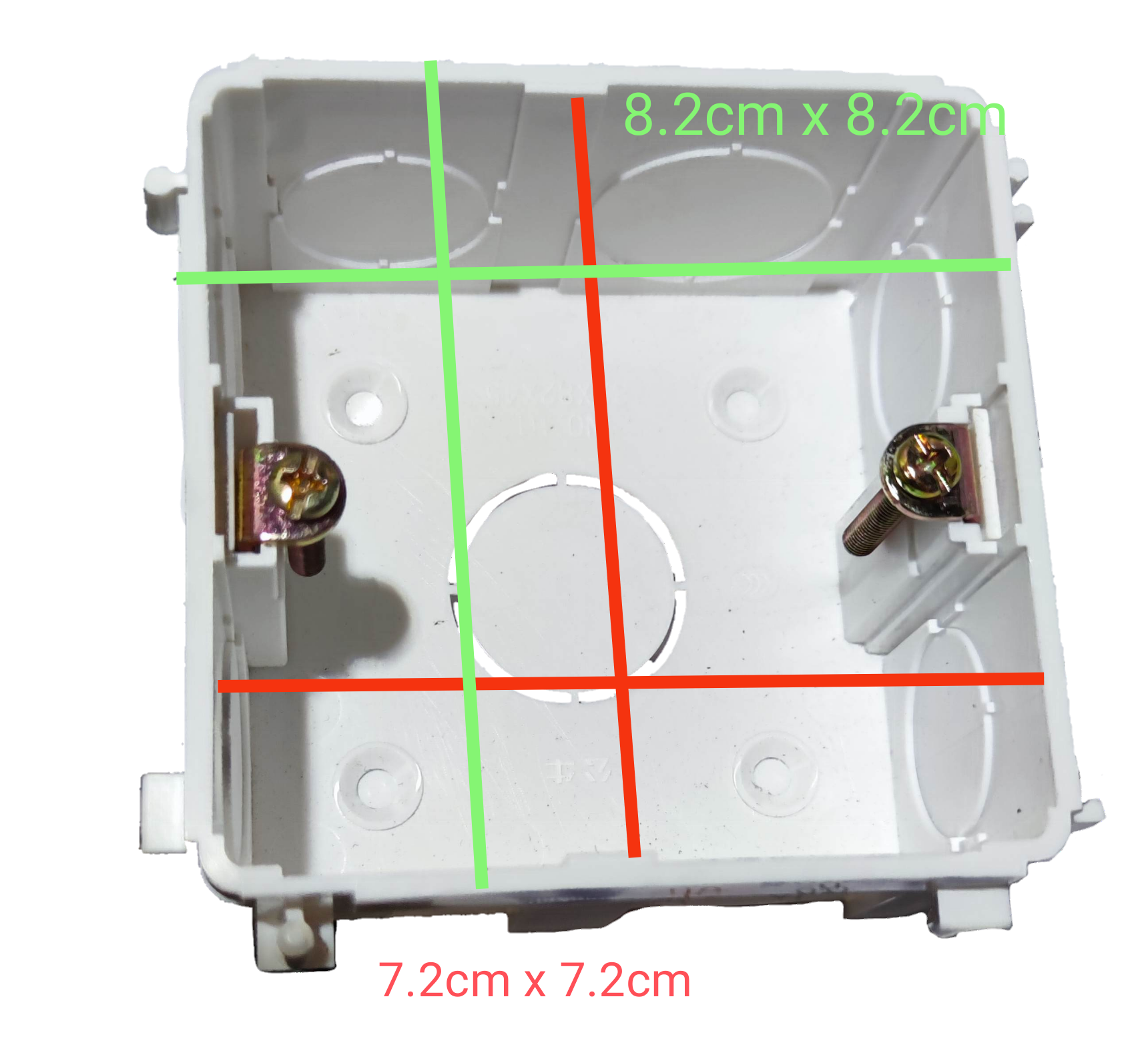 Bull brand white Square Flush Type Utility Box with internal screws and dimension markings