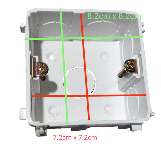Bull brand white Square Flush Type Utility Box with internal screws and dimension markings