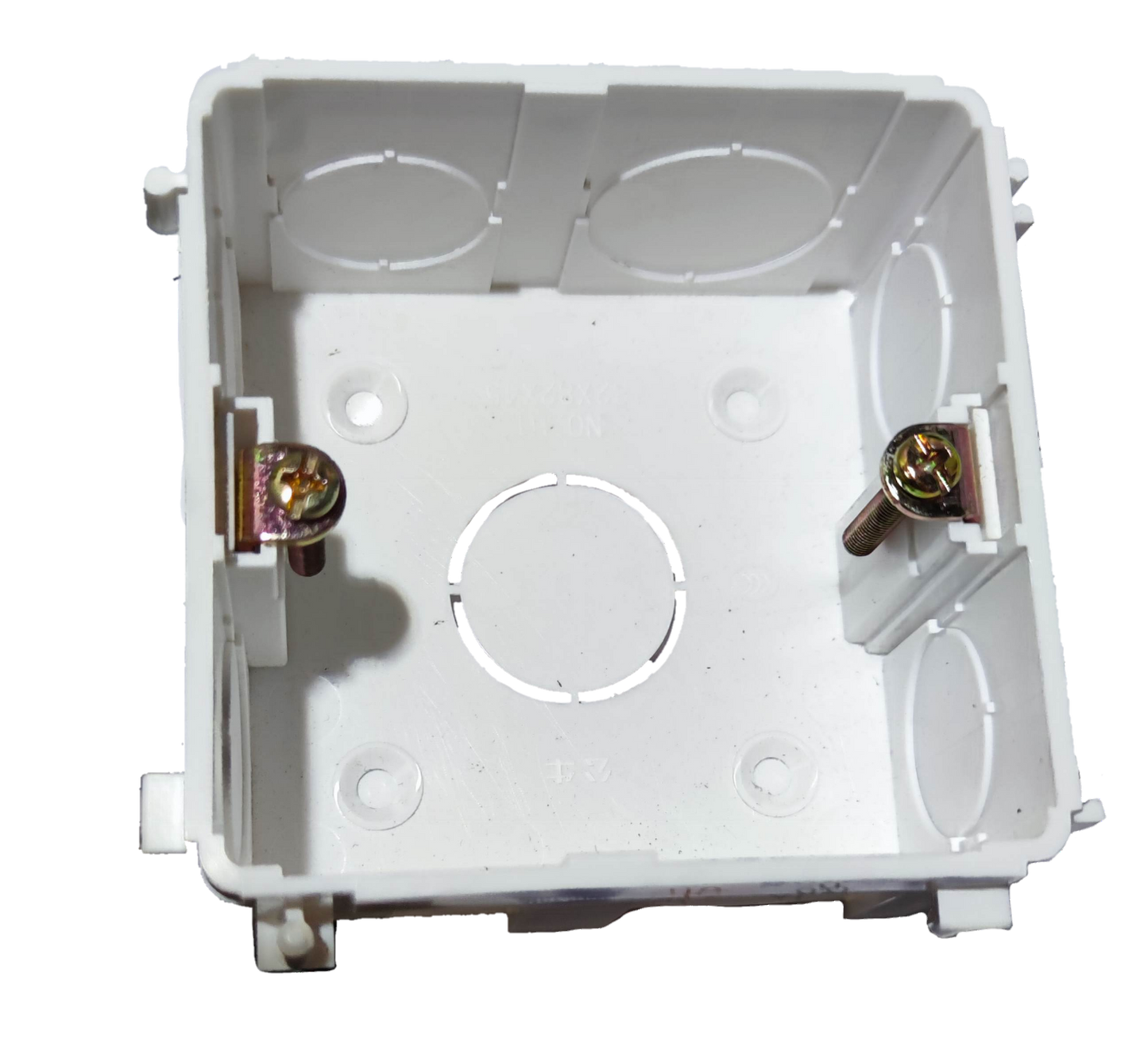 Bull square flush type utility box for electrical circuitry with mounting screws and knockout holes
