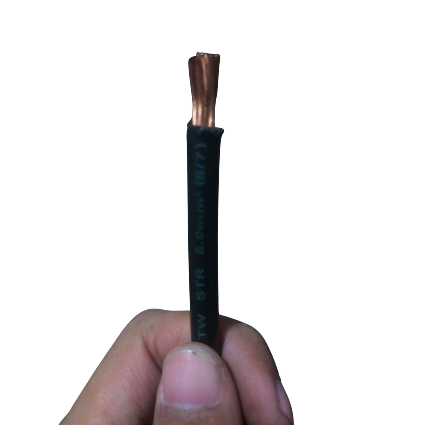 Omega stranded electrical wire with black insulation and exposed copper conductors held by hand
