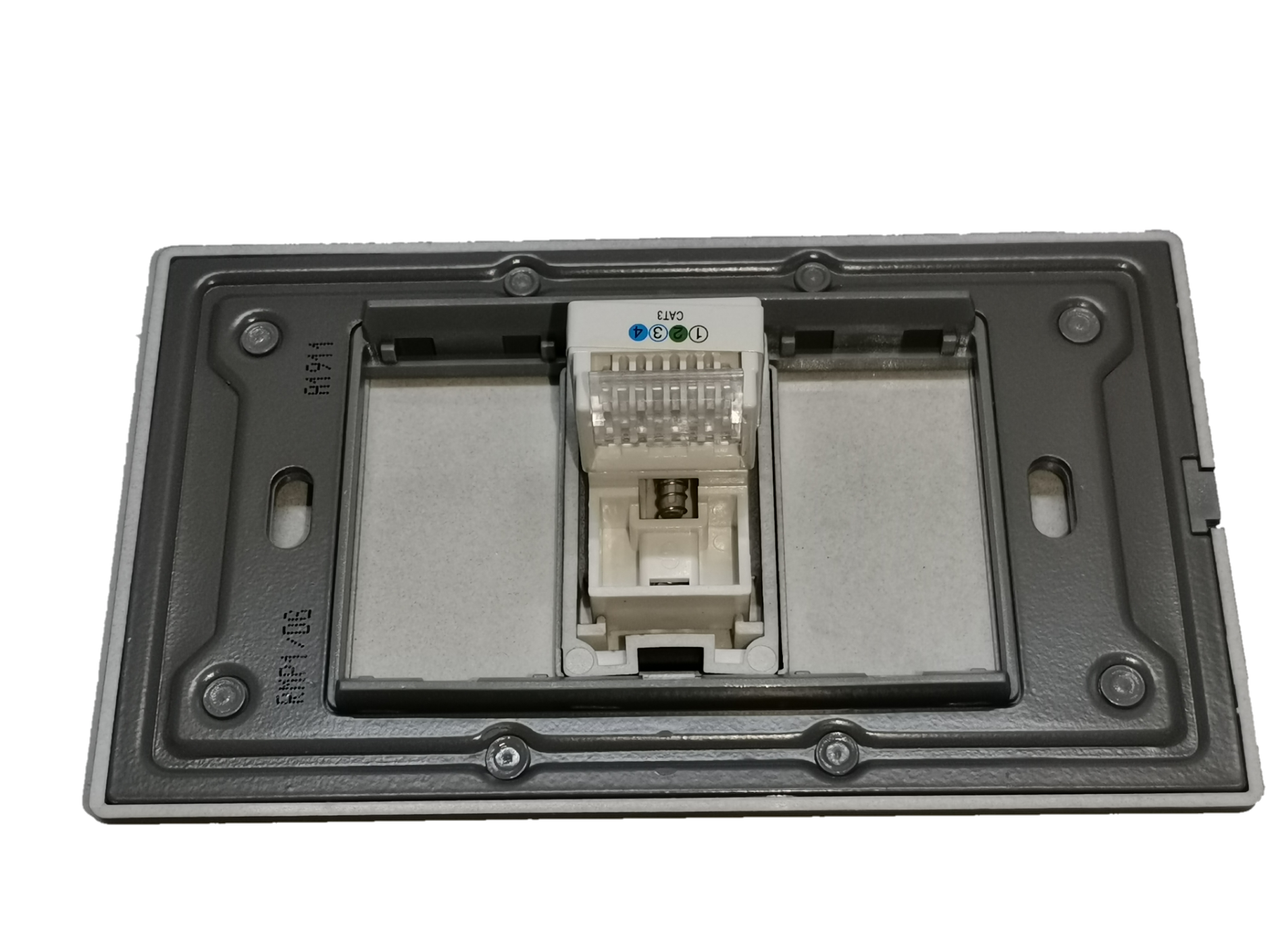 Royu Telephone Outlet with Plate Dark Gray showing rear view RJ11 jack and mounting plate