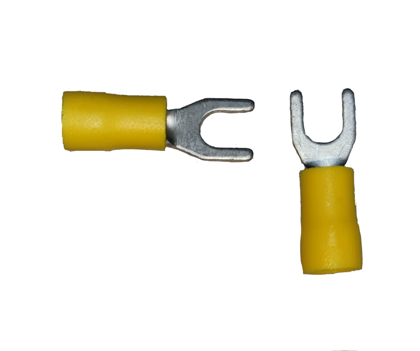 Terminal Lugs Y Type Yellow Insulation two insulated spade connectors for electrical circuitry on black background