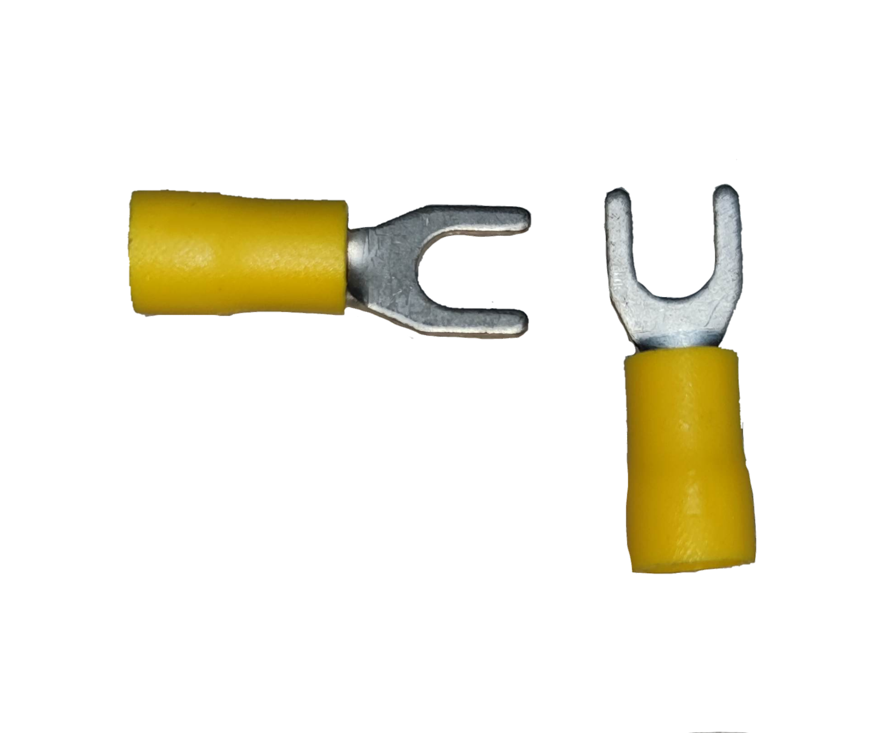 Terminal Lugs Y Type Yellow Insulation two insulated spade connectors for electrical circuitry on black background