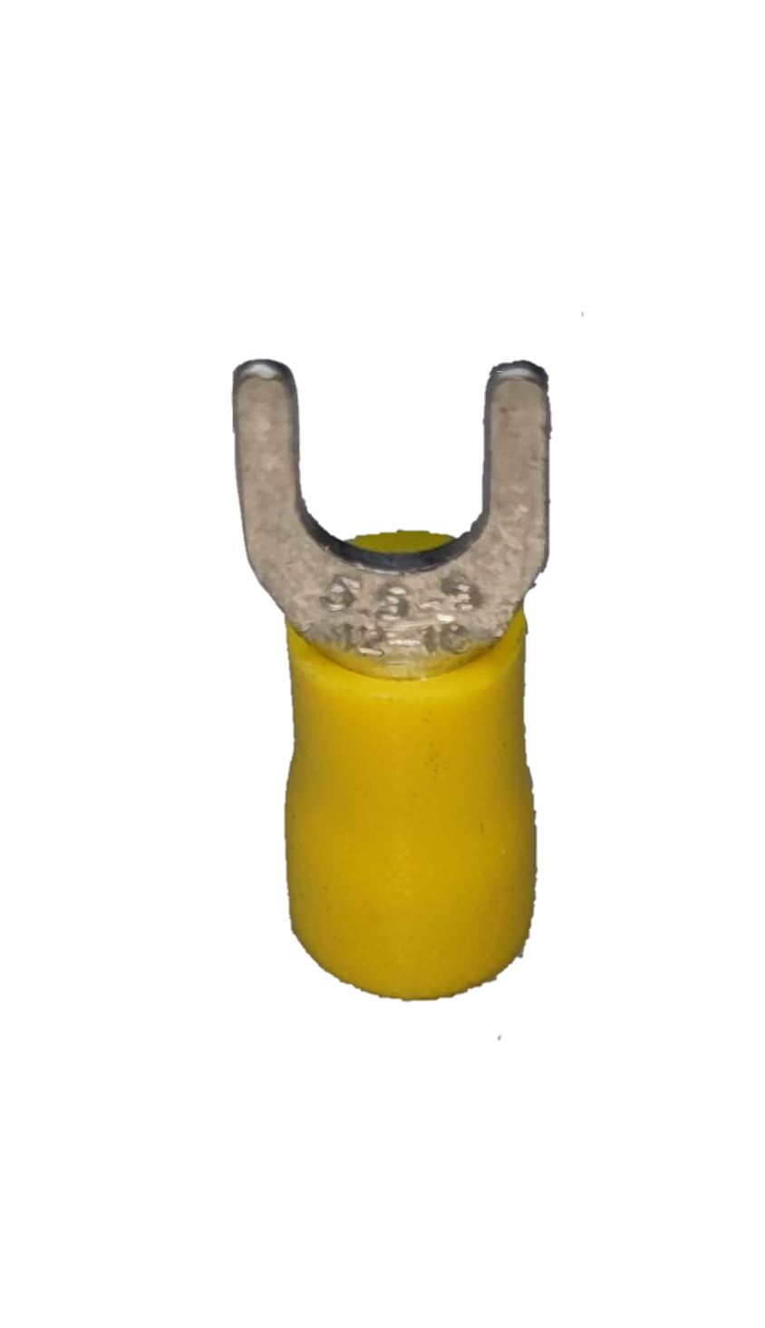 Terminal Lugs Y Type Yellow Insulation fork spade electrical terminal with yellow vinyl insulation on black background