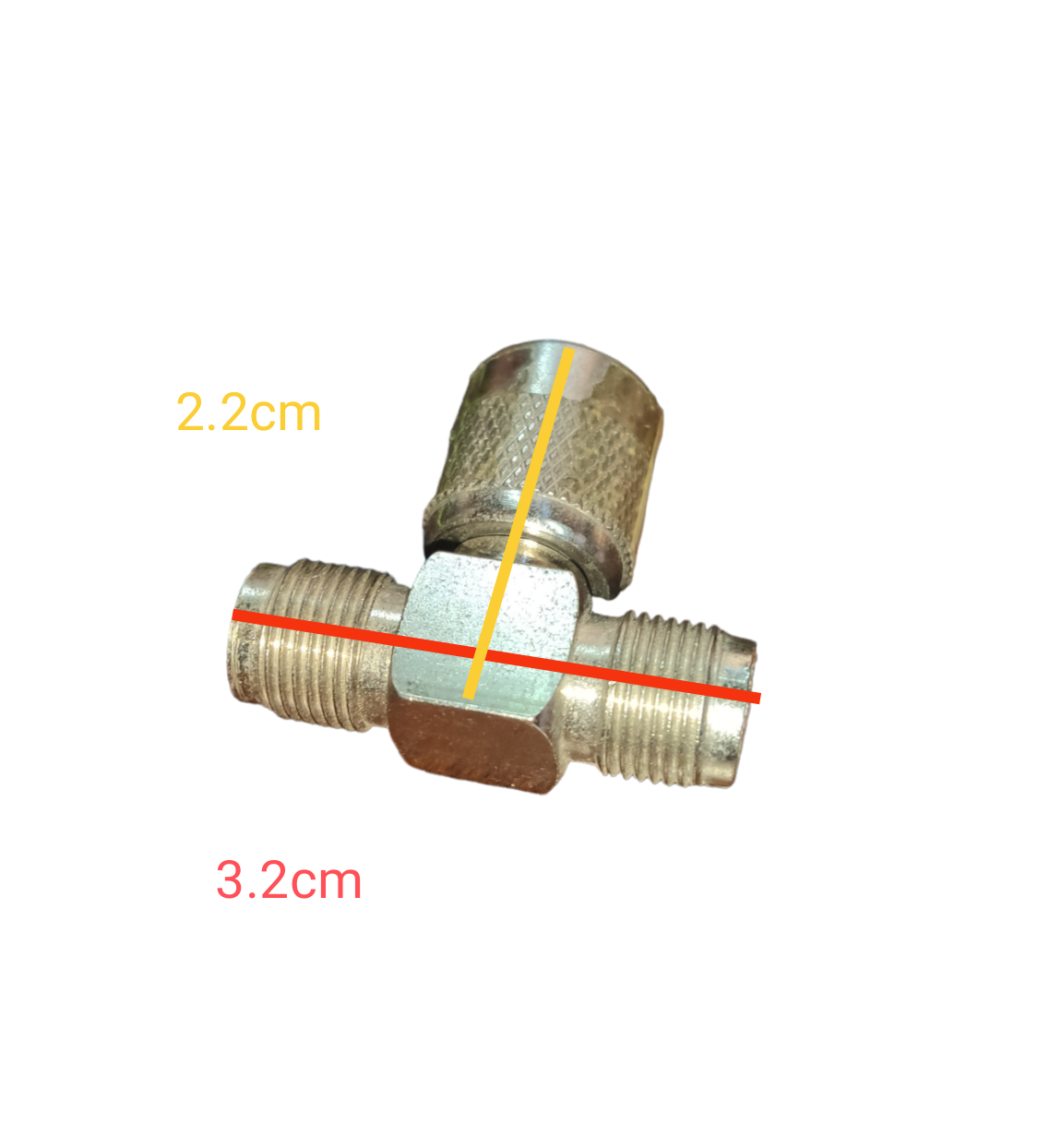 Local vendor metal TNC T Type Connector with threaded ends measuring 3.2 cm by 2.2 cm for electrical circuitry