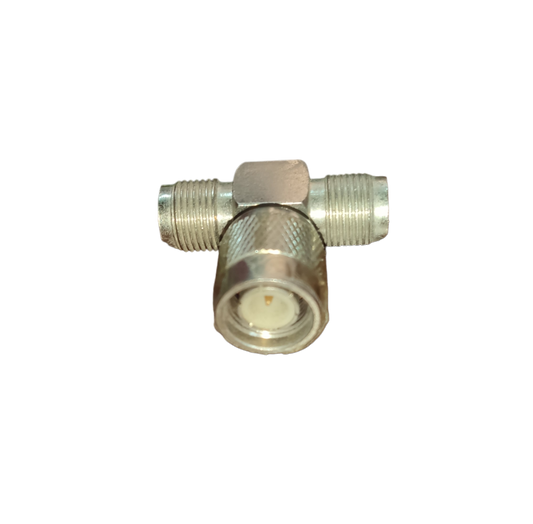 Local electrical circuitry TNC T Type Connector with three metallic threaded ports on black background