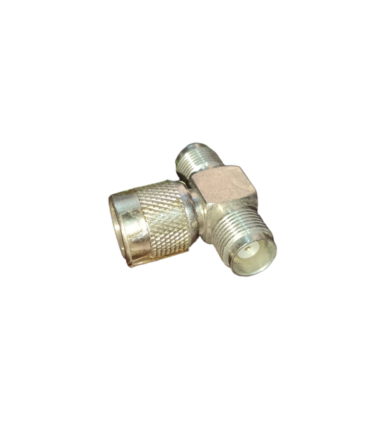 Close-up of a metal TNC T Type Connector used in electrical circuitry and parts