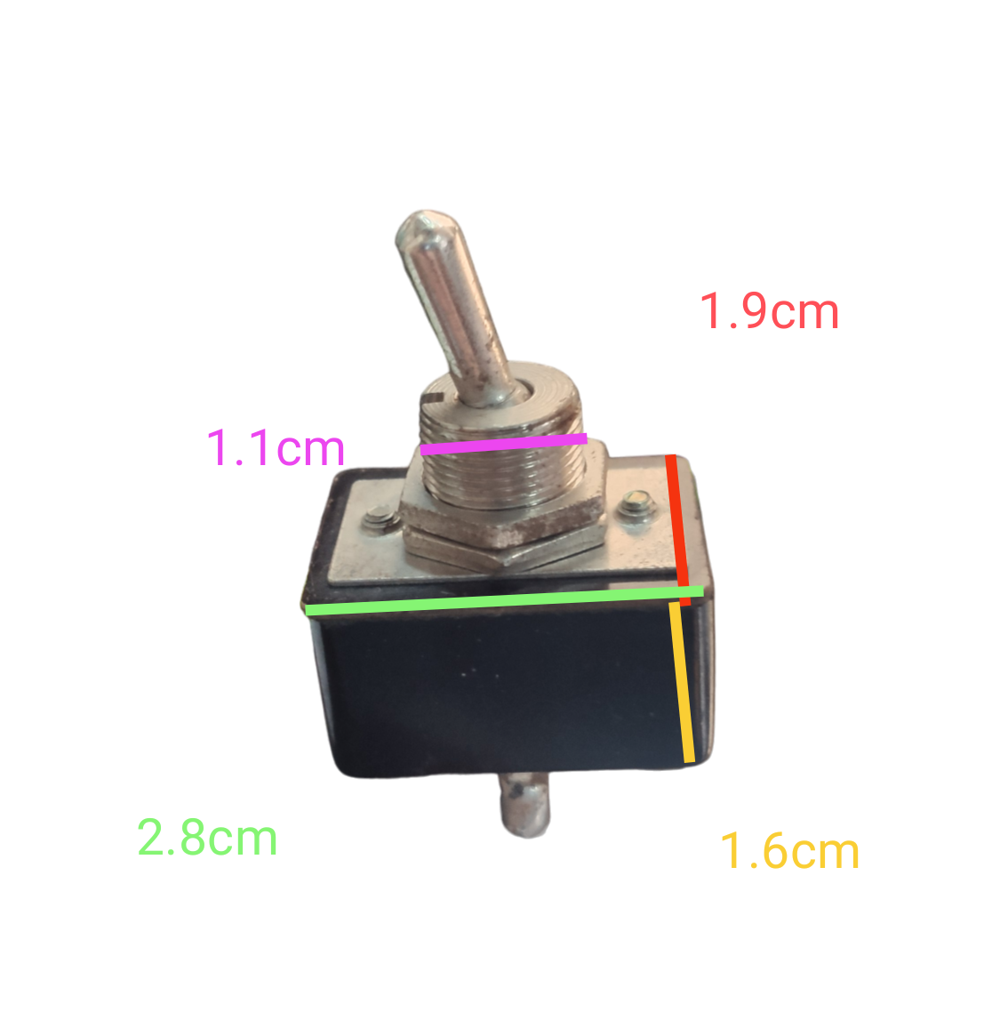 Toggle Switch 3A 220V 6 Pins with metal lever and black plastic housing showing measurements