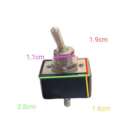 Toggle Switch 3A 220V 6 Pins with metal lever and black plastic housing showing measurements