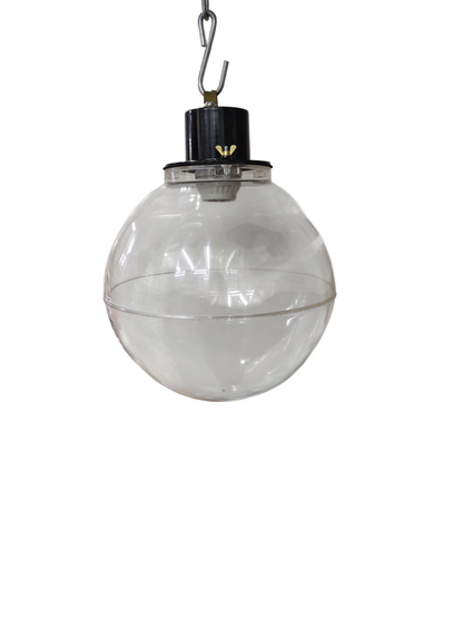 Amco 10 inch globe pendant light with clear glass shade and black metal fixture