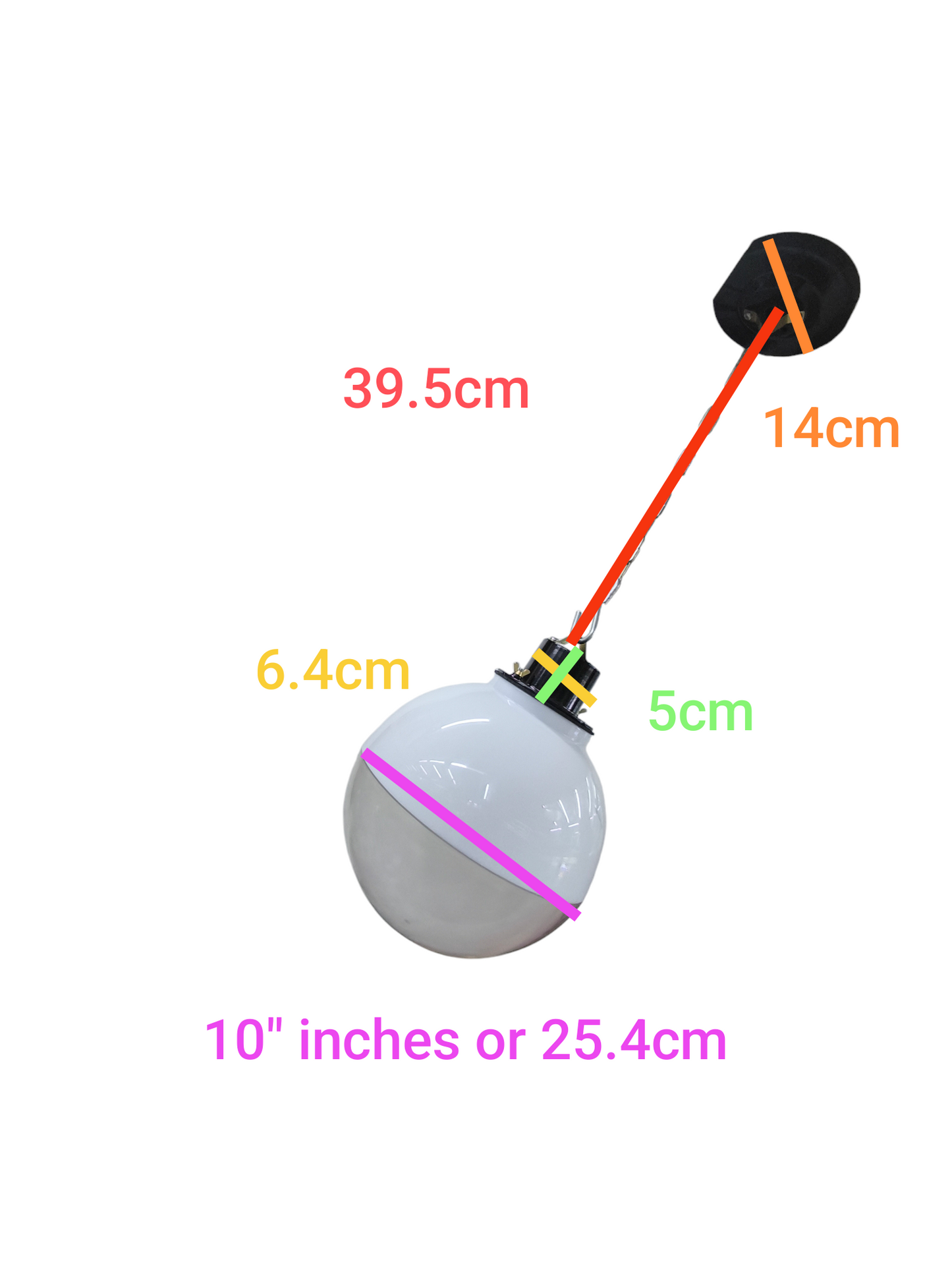 Amco 10 inch globe pendant light with measurements showing dimensions of the fixture and cord
