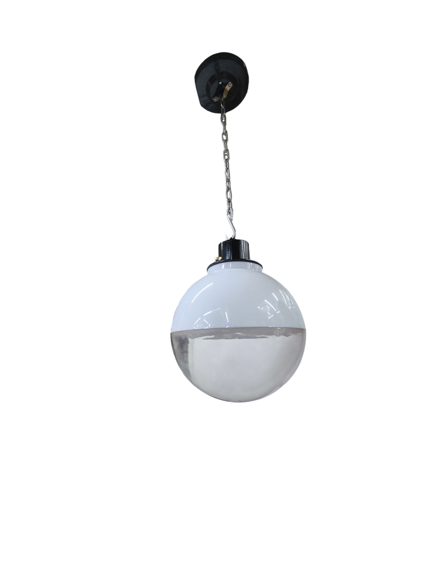 Amco 10 inch globe pendant light with white and clear glass globe hanging from black ceiling mount