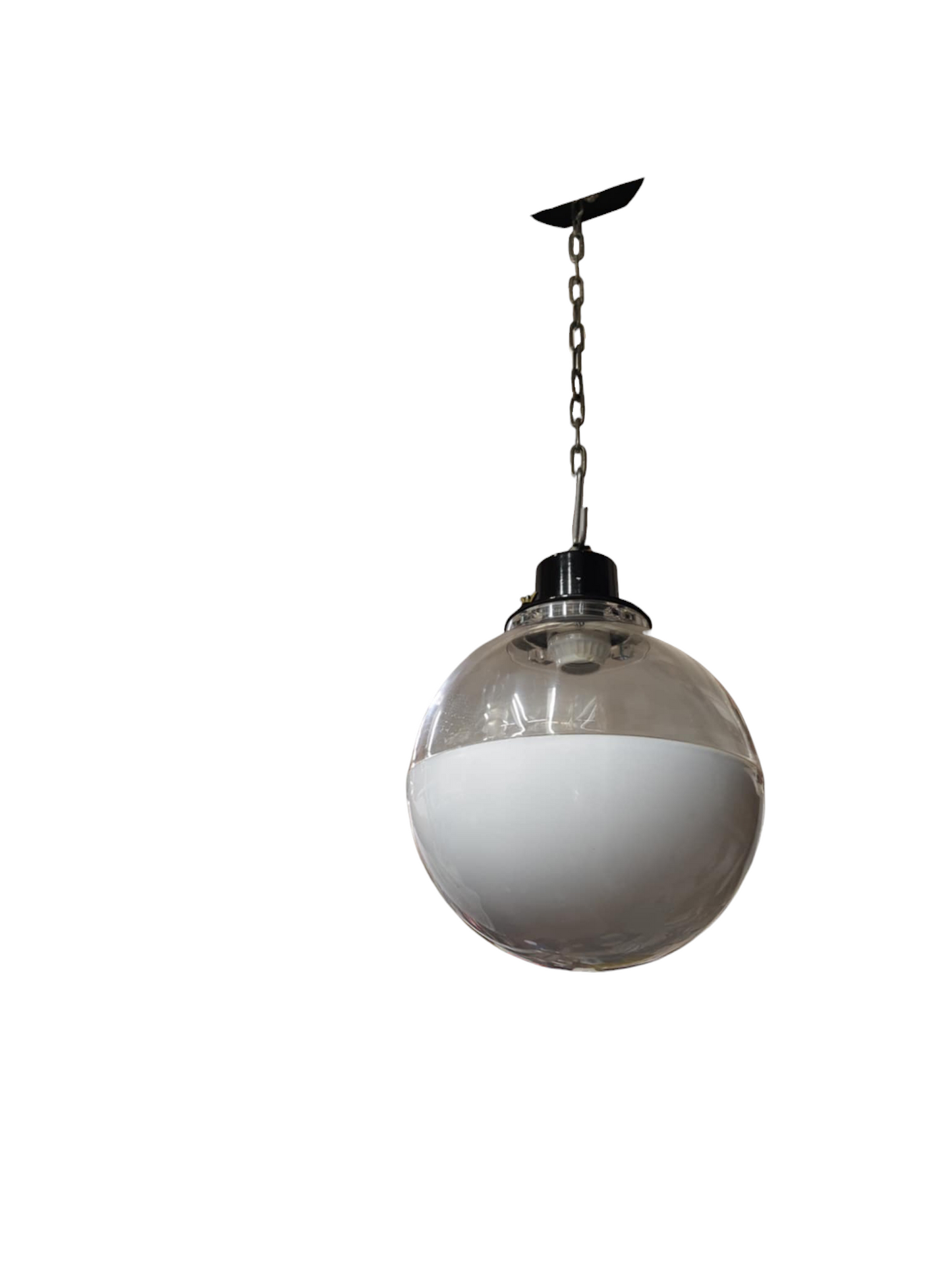 Amco 10 inch globe pendant light with clear and white glass shade hanging from a black chain