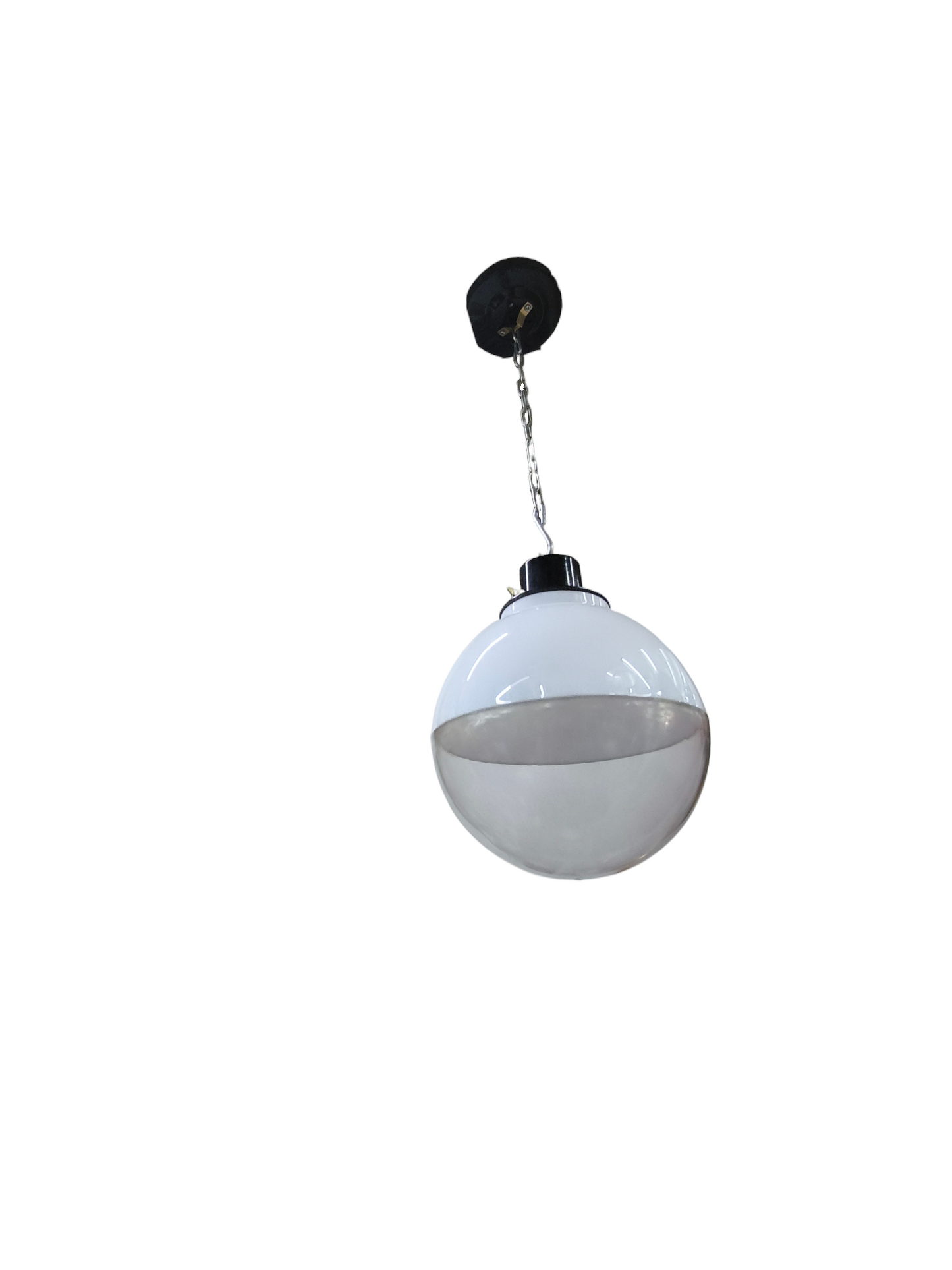 Amco 10 inch globe pendant light with white and gray glass shade hanging from black ceiling fixture