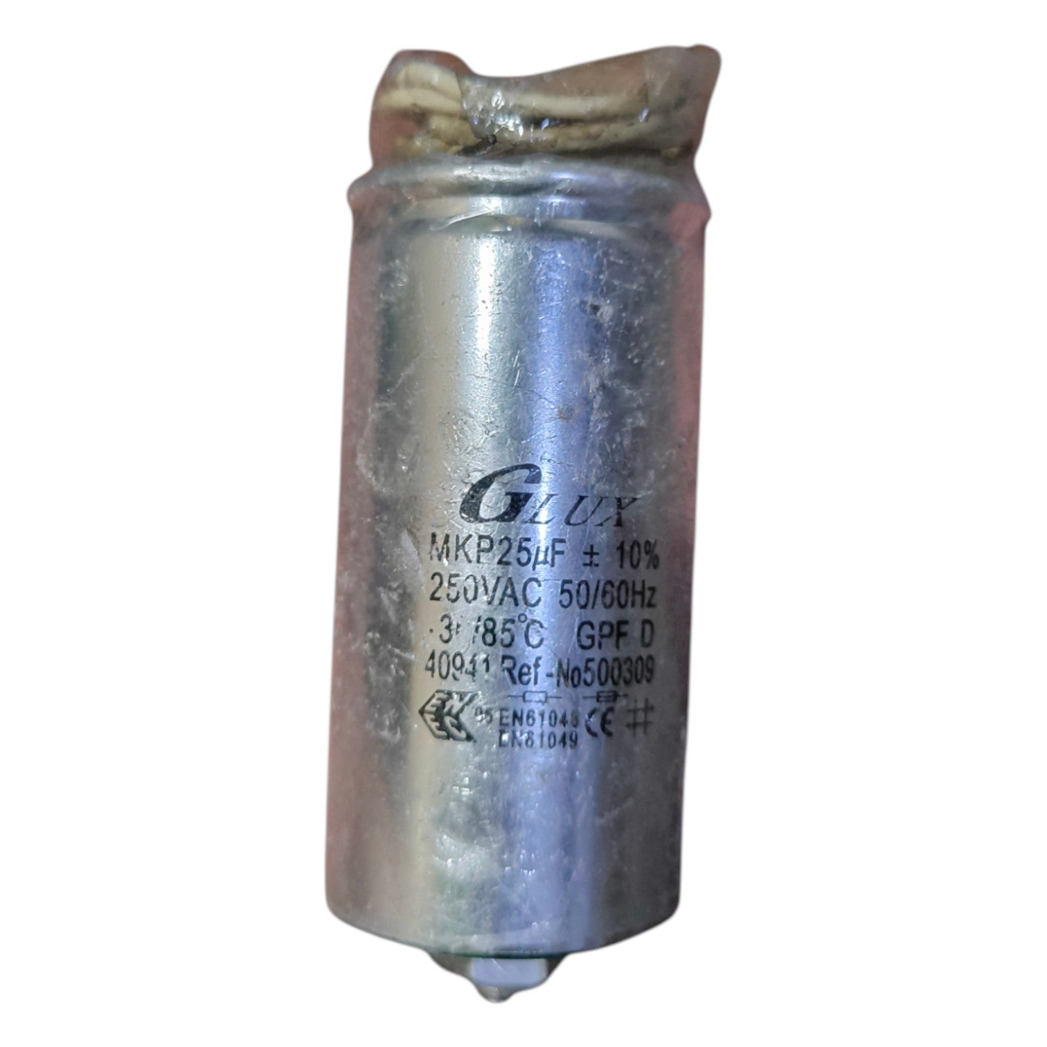 Metallic cylindrical capacitor with 'Glix' branding on a white background