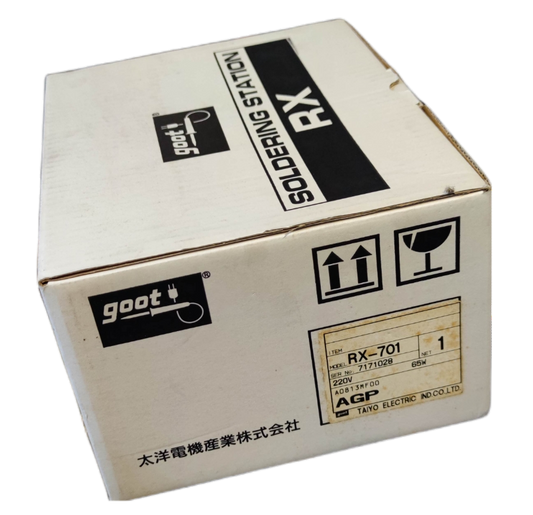 Goot 65W Soldering Station 220V PX-701 packaged in a white box with product and handling labels