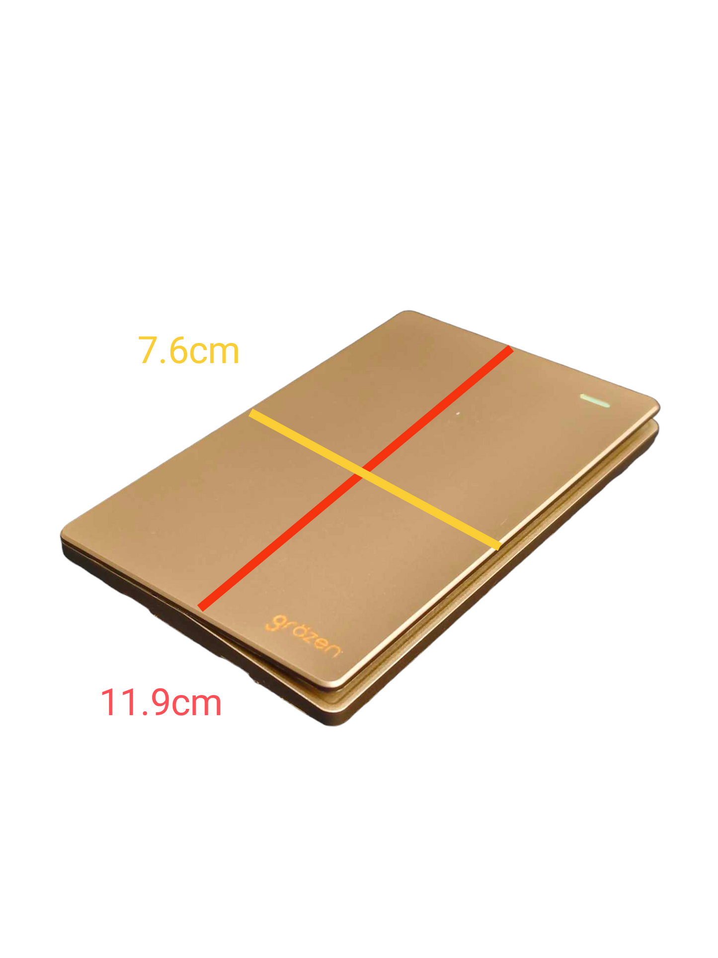 Grazen 1 gang 3 way switch with plate in a sleek gold design, measuring 7.6cm by 11.9cm