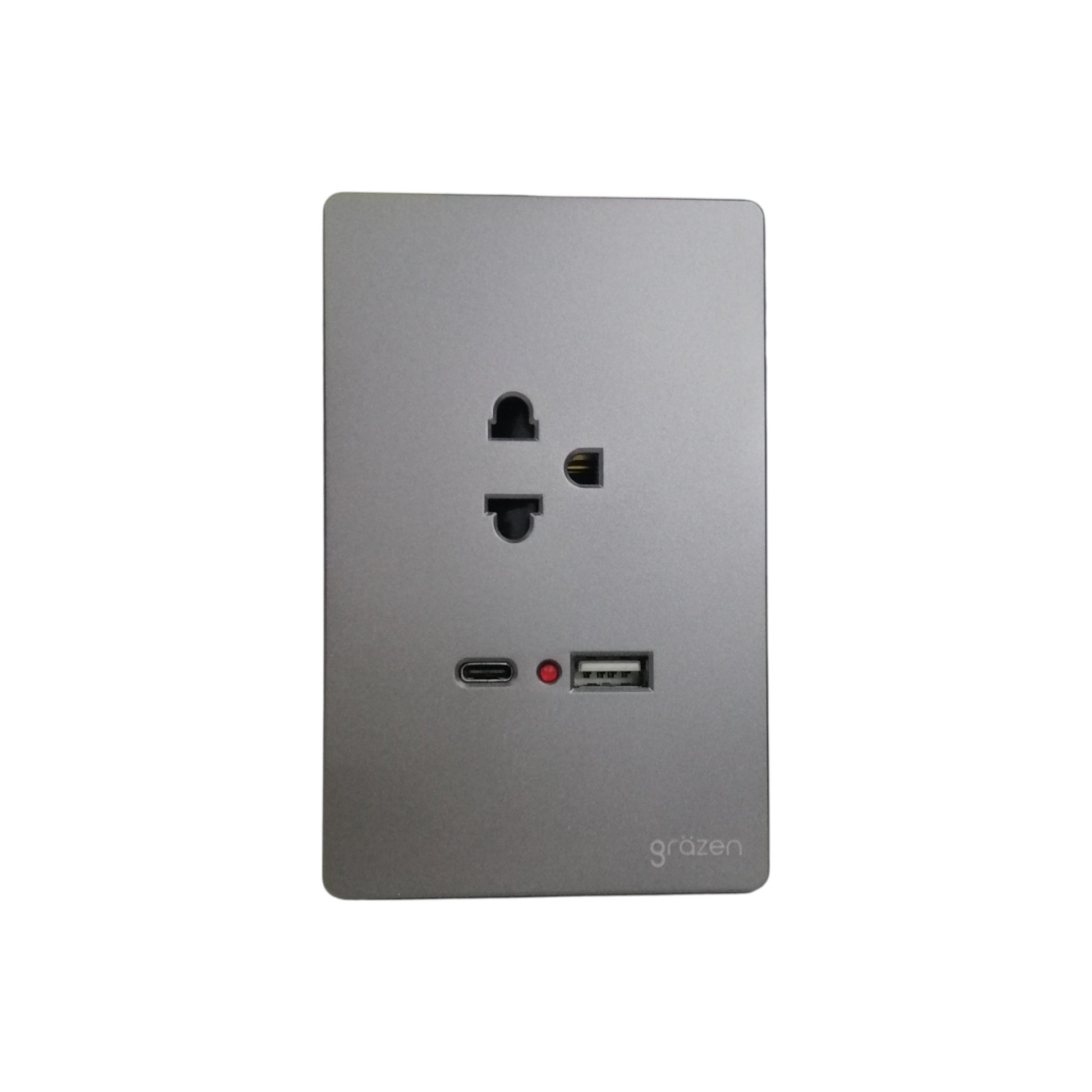 Grazen 1 gang outlet with USB-C and USB-A in sleek gray finish for versatile power and charging