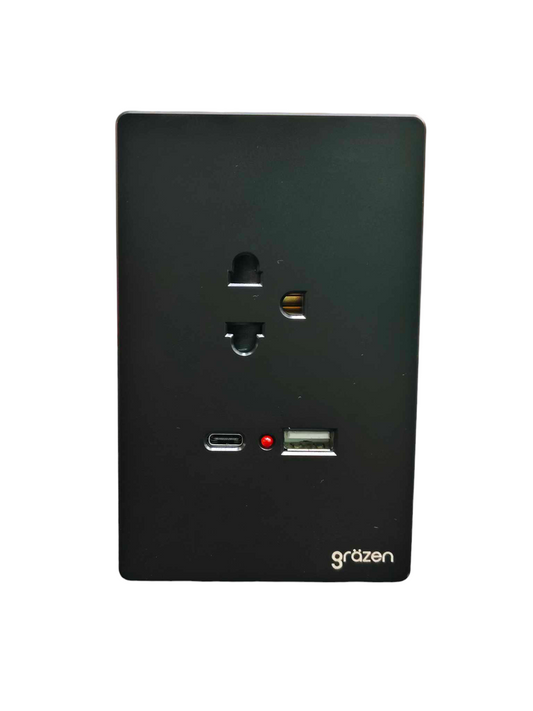 Grazen 1 gang outlet with USB-C and USB-A in sleek black design for versatile charging