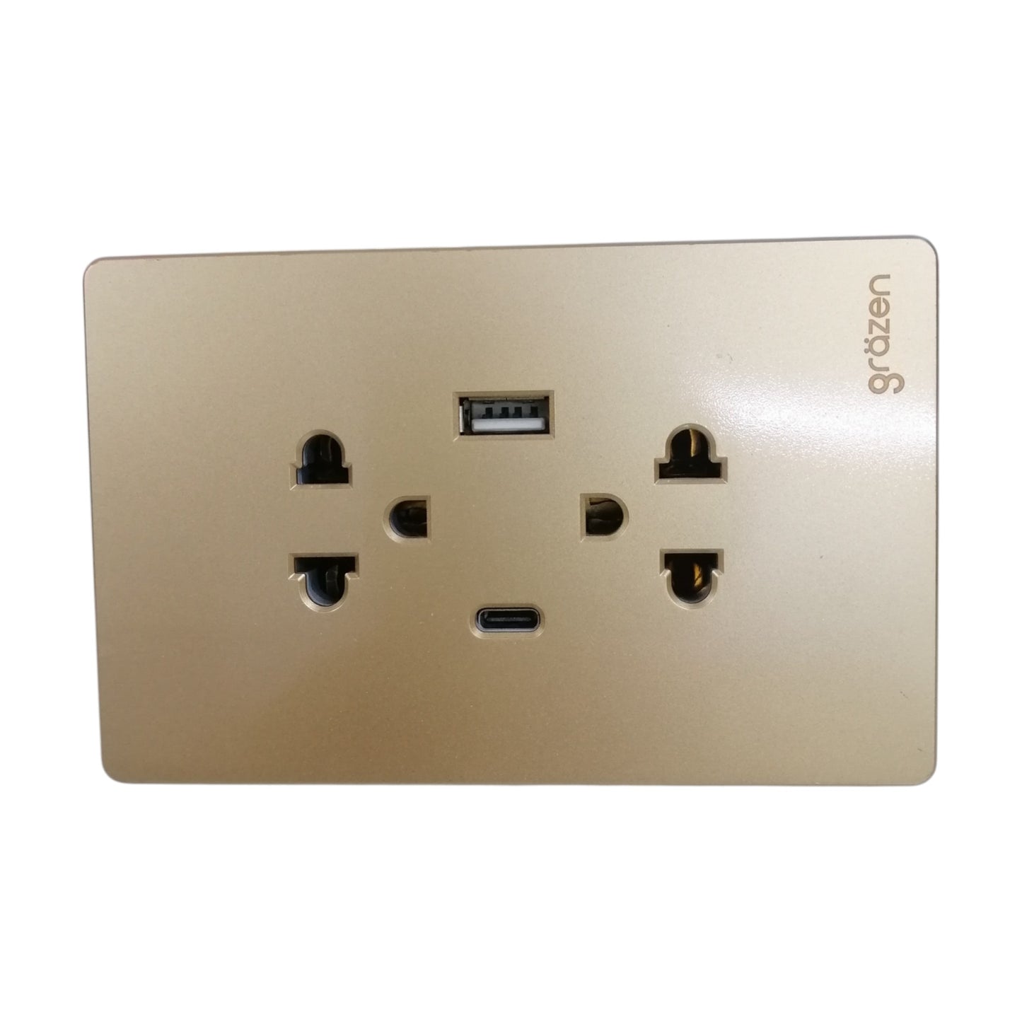 Grazen 2 gang outlet with USB-C and USB-A in beige color for versatile device charging