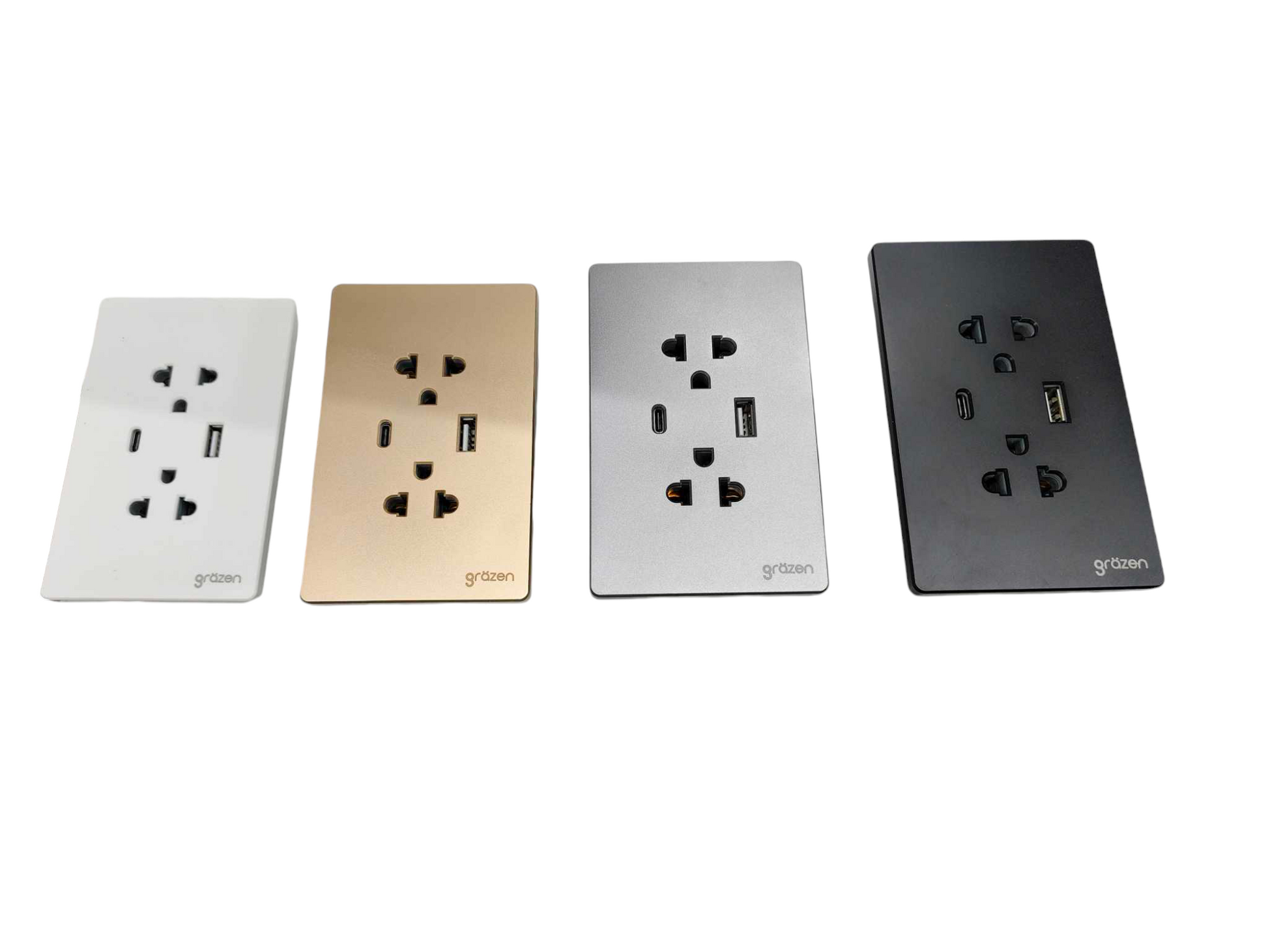 Grazen 2 gang outlet with USB-C and USB-A in white gold silver and black colors